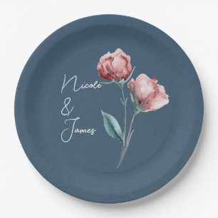 Assiettes En Carton Dusty Blue Grey Moderne Aquarelle Mariage Floral