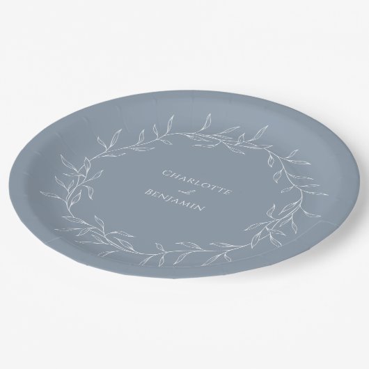 Assiettes En Carton Dusty Blue Minimal Mariage feuille (Angle)