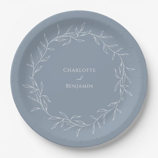 Assiettes En Carton Dusty Blue Minimal Mariage feuille (Devant)
