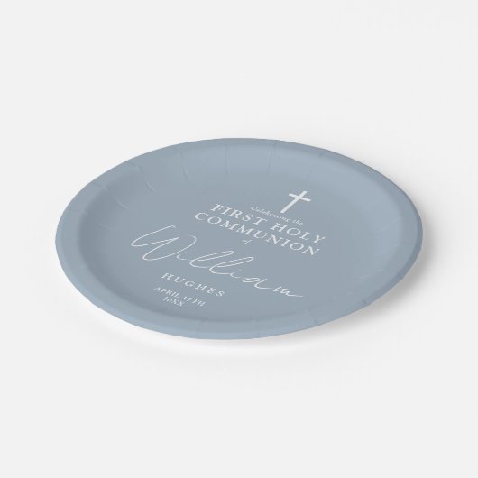 Assiettes En Carton Dusty Blue Minimalist Première Sainte Communion (Angle)