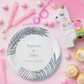 Assiettes En Carton Dusty Blue Palm Feuille Art élégant mariage (Fête)