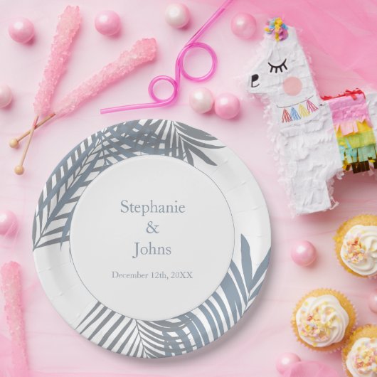 Assiettes En Carton Dusty Blue Palm Feuille Art élégant mariage (Fête)