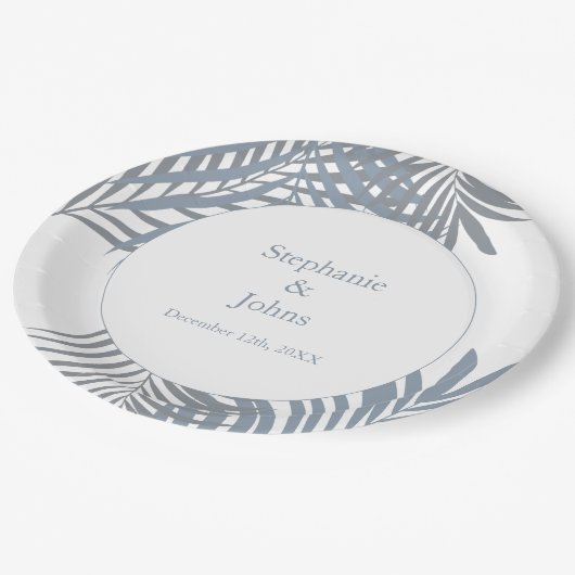 Assiettes En Carton Dusty Blue Palm Feuille Art élégant mariage (Angle)