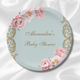 Assiettes En Carton Dusty Blue Peony Rococo Baby shower floral rose