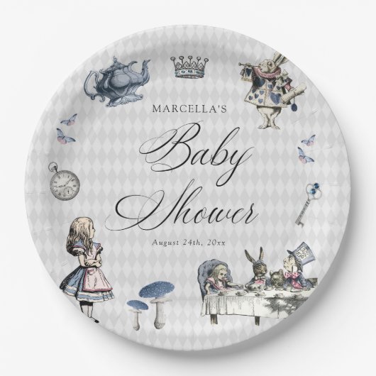 Assiettes En Carton Dusty Blue & Pink Alice in Wonderland Baby shower (Devant)