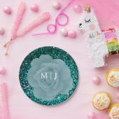 Assiettes En Carton Dusty Blue Rose Glittery Monogramme Mariage élégan (Fête)