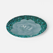 Assiettes En Carton Dusty Blue Rose Glittery Monogramme Mariage élégan (Angle)