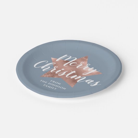 Assiettes En Carton Dusty Blue Rose Gold Star Joyeux Noël (Angle)