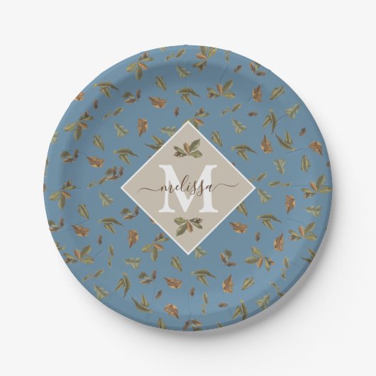 Assiettes En Carton Dusty Blue Rustic Feuilles Brown Monogramme (Devant)
