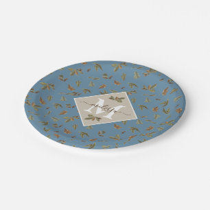 Assiettes En Carton Dusty Blue Rustic Feuilles Brown Monogramme