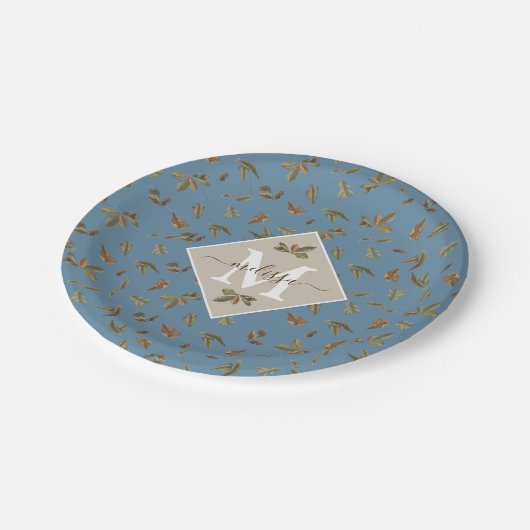Assiettes En Carton Dusty Blue Rustic Feuilles Brown Monogramme (Angle)