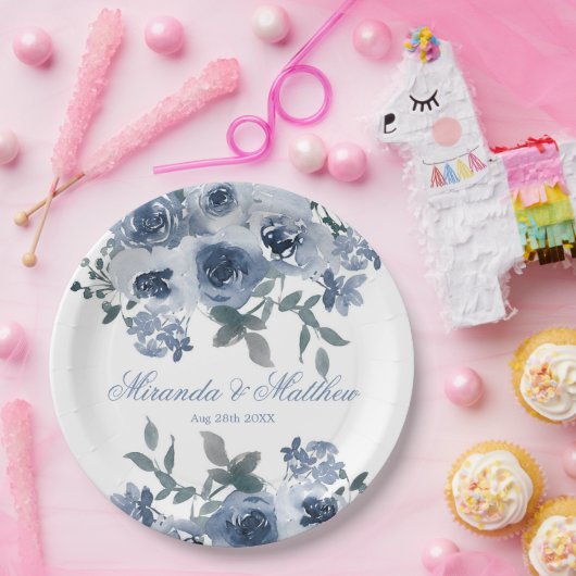 Assiettes En Carton Dusty Blue Sage Aquarelle Peony Mariage (Fête)