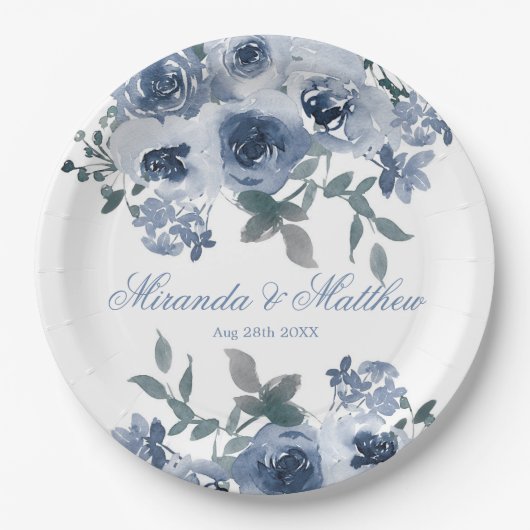 Assiettes En Carton Dusty Blue Sage Aquarelle Peony Mariage (Devant)
