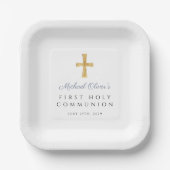 Assiettes En Carton Dusty Blue Script Croix Boy First Communion (Recto)