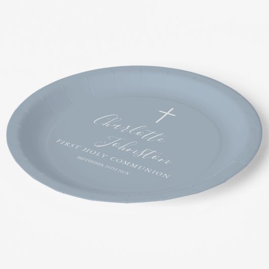 Assiettes En Carton Dusty Blue Script First Holy Communion Papier Plaq (Angle)