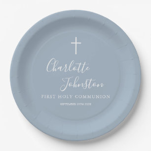 Assiettes En Carton Dusty Blue Script First Holy Communion Papier Plaq