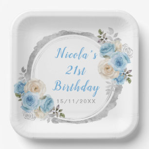 Assiettes En Carton Dusty Blue Silver Fleurs élégantes fête d'annivers