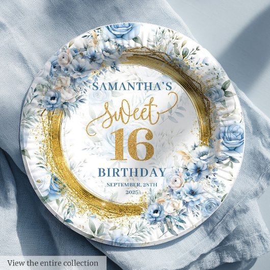 Assiettes En Carton Dusty Blue Sweet 16 Gold Parties scintillant Party