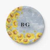 Assiettes En Carton Dusty Blue Watercolor Sunflowers Monogram Mariage (Devant)