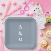 Assiettes En Carton Dusty Blue White Monograms Mariage initial élégant (Fête)