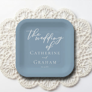 Assiettes En Carton Dusty Blue White Typographie Mariage côtier