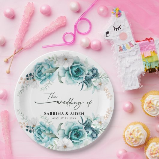 Assiettes En Carton Dusty Emerald Green Blanc Floral Mariage (Fête)