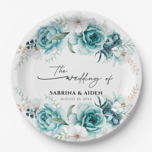 Assiettes En Carton Dusty Emerald Green Blanc Floral Mariage (Devant)