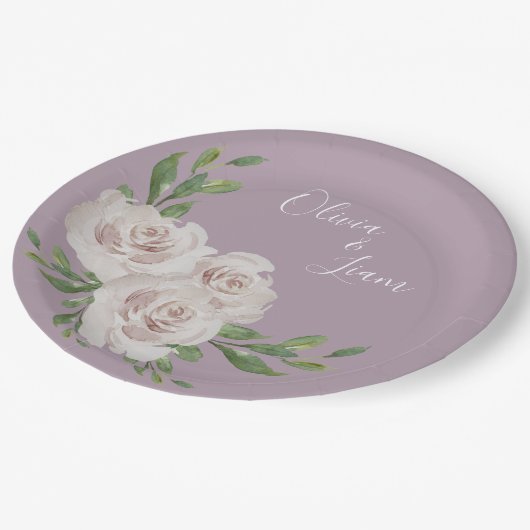 Assiettes En Carton Dusty Lavender Floral Élégant Mariage Script (Angle)