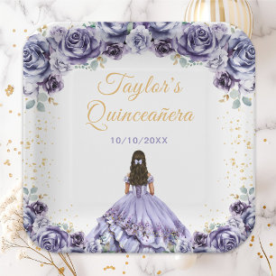 Assiettes En Carton Dusty Purple Princess Floral Quinceañera