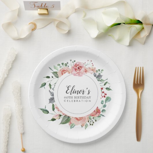 Assiettes En Carton Dusty rose floral 60e anniversaire Merci (Mariage)