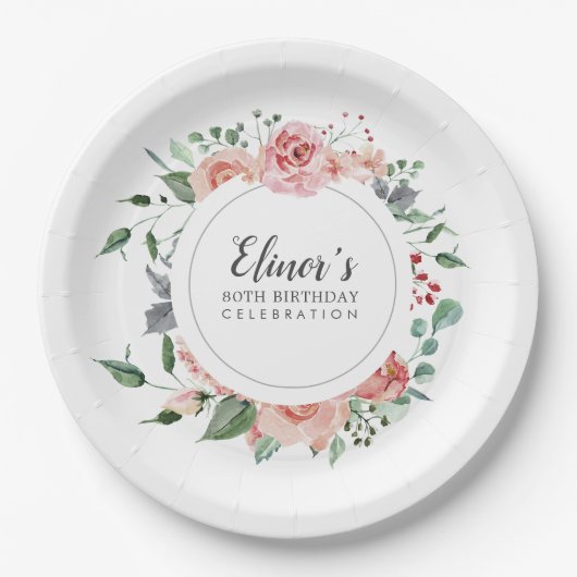 Assiettes En Carton Dusty rose floral 80e anniversaire Merci (Devant)