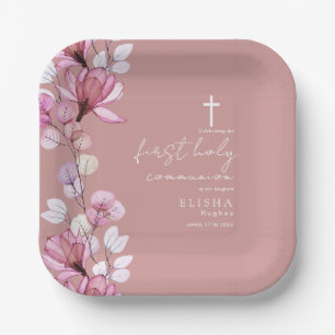 Assiettes En Carton Dusty Rose rose Floral Première sainte communion