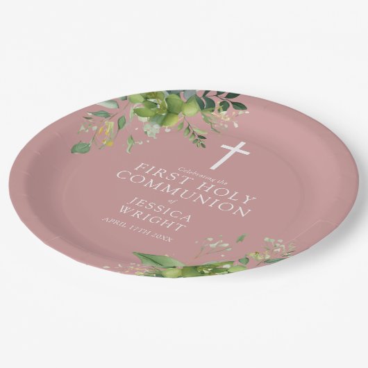 Assiettes En Carton Dusty Rose Rose verdure Première Communion Sainte (Angle)
