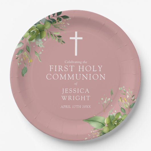 Assiettes En Carton Dusty Rose Rose verdure Première Communion Sainte (Devant)