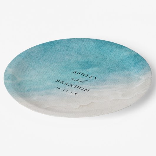 Assiettes En Carton Eau Océan Blue Beach Mariage (Angle)