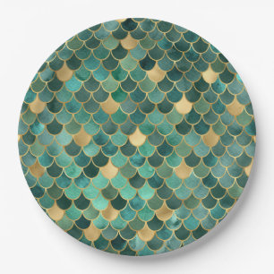 Assiettes En Carton Échelles de sirène turquoise et or