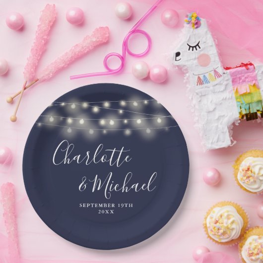 Assiettes En Carton Éclairage de chaîne Signature Script Mariage bleu  (Fête)