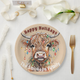 Assiettes En Carton Éclairage de Noël de la vache écossaise Highland