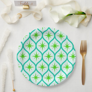 Assiettes En Carton Éclats d'étoiles verts du milieu du siècle sur un