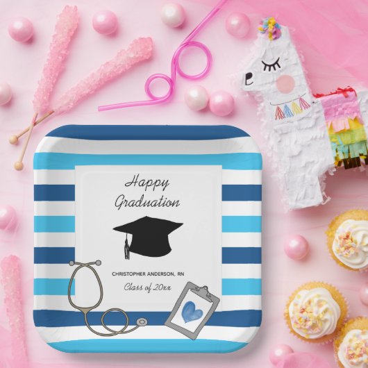 Assiettes En Carton École de soins infirmiers bleu rayé (Fête)