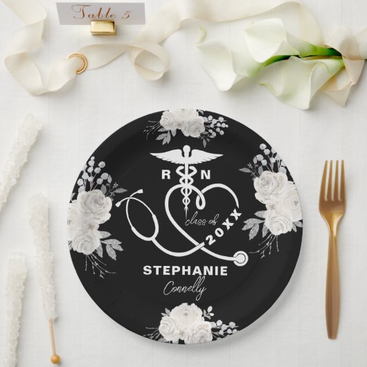 Assiettes En Carton École de soins infirmiers Floral Blanc Personnalis (Mariage)