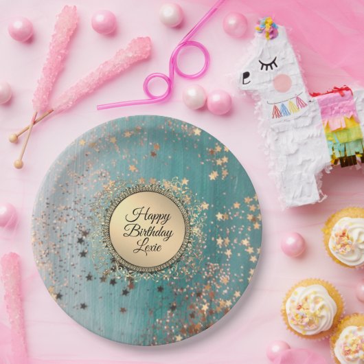 Assiettes En Carton Écran de poussière d'étoile sur Turquoise bleu (Fête)