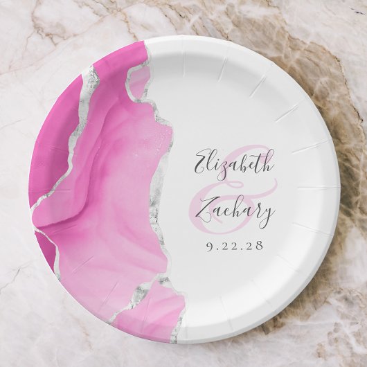 Assiettes En Carton Écriture de géode d'agate rose argent mariage