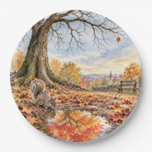 Assiettes En Carton Écureuil d'automne avec reflet dans une flaque