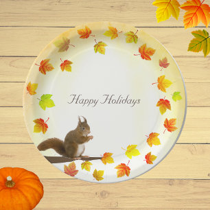 Assiettes En Carton Écureuil de fête & Feuilles d'automne 