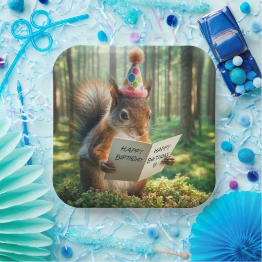 Assiettes En Carton Écureuil tenant une carte d'anniversaire (Fête)