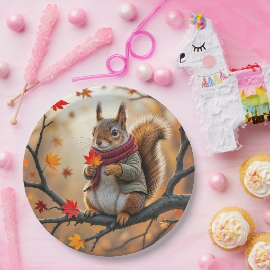 Assiettes En Carton Écureuil tenant une feuille d'érable d'automne (Fête)