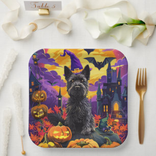 Assiettes En Carton Éffrayant écossais Terrier Citrouille de sorcière 