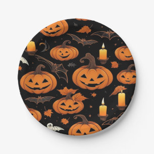 Assiettes En Carton Éffrayant Halloween Citrouille noir