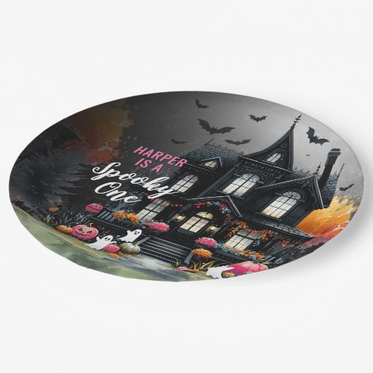Assiettes En Carton Éffrayant Halloween rose 1er anniversaire (Angle)